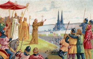 God wants it! Peter the Hermit preaching the Crusade (1095 - 1099) Chromolithography of the end of the 19th century by French School
