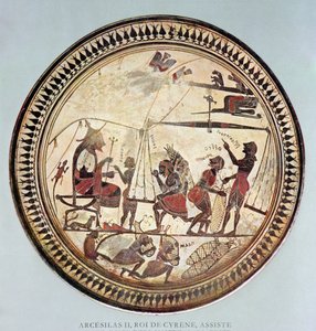 Greek cup depicting Arcesilas II, King of Cyrene watching the weighing and loading of silphium, copy of a 6th century BC original by French School
