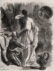 Greek mythology: the king of Lydia Candaule shows his wife naked to his confidant Gyges, hides in the shadows when she uncloses in the bedroom. Engraving from 1871 in Histoire Des Cocus Celebres by Henry de Kock (1819-1892) by French School