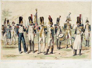 Grenadiers a foot of the Imperial Guard of Napoleon I. 19th century engraving. Paris, Decorative Arts by French School