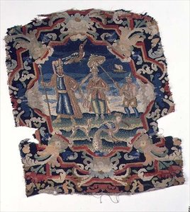 Gros Point and Petit Point Seat Cover of Three Eastern European Figures and Birds, Mid-18th Century (detail)