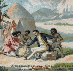 Guillaume Lejean, a French explorer, was put in shackles by order of Emperor Theodoros of Abyssinia. Chromolithography of the 19th century by French School