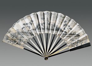 Half-mourning hand fan depicting landscape and female figure