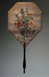 Hand fan with bead embroidered floral motif