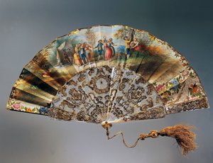Hand Fan with Scene of Kids Playing, Paper Leaf with Watercolour Lithograph and Mother of Pearl Ribs by French School
