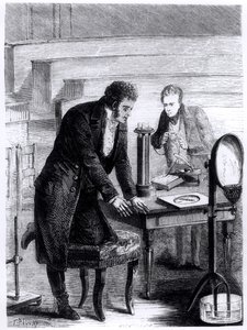 Hans Christian Oersted discovering the deviation of the magnetic needle by closed current in 1820, from Les Merveilles de la Science by Louis Figuier, 1867