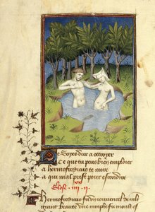 Harley MS 4431, f.132v, Miniature of Hermaphroditus and the nymph Salmacis bathing in a lake, from 