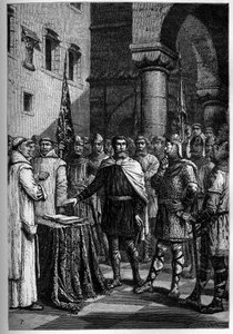 Harold, king of the English, swears fealty to Guillaume, Duke of Normandy (William I) - Harold II (1020-1066) last Anglo-Saxon king crowned in 1064, taking oath on the sacred relics before William I the Conqueror to support his cause at the throne of Engla by French School