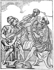 Harp and lute players (Cythara and Testudo) in the 16th century. In 