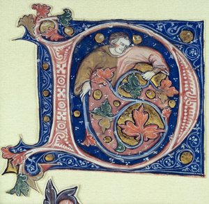 Historiated initial D depicting a man holding a vine