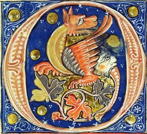 Historiated initial O depicting a winged griffin