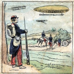 History of Aluminium. Construction of aeroplane parts and airplane balloons made of aluminium whose light weight allows easier flight. Epinal imaging, late 19th century. Private collection. by French School