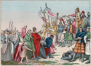 History of Gaul in the Middle Ages: Germanic Saxons kneeling before King Charlemagne (742 - 814), winner of the wars. Engraving from the end of the 19th century in 