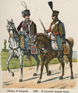 Hussars 1st Vendemiary An XII (24 September 1803): Officer, 2nd Hussars and 9th Hussars in Great Dress in 1806 (Plate from the book Les Uniforms de l