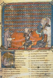 Illuminated page from an Anthology, showing from left to right, Adenet le Roi, a minstrel to Duke Henry; Count Guy of Flanders; Marie, Queen of France and wife of Philip the Bold (1342-1404) by French School