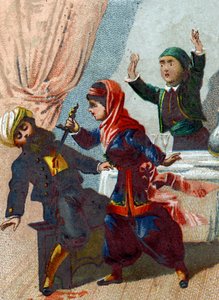 Illustration for the Tales of the Thousand and One Nights: The captain disguises again and returns to Ali Baba, but Morgiane recognizes him and stabs him during a dance