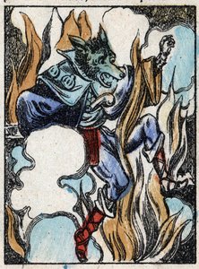 Illustration of the tale “The Wolf, the Goat and the Seven Kids”. Wood engraving from Imaging Pellerin - Epinal, late 19th century.