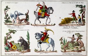 Illustration plate for the fables by Jean de La Fontaine: the Fox and the Stork, the Chinese walking, the bear and the garden lover, the Chinese officer. Engraving by French School