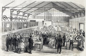 Empress Eugenie and Imperial Prince visit the Banque de France, 23 June 1866 - printing of banknotes - engraving in Le MONDE Illustre DU 07/07/1866 by French School