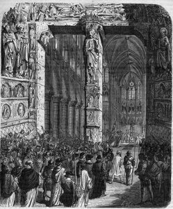 In Canossa, Emperor Henry IV of the Holy Roman Empire in penitent dress implores the forgiveness of Pope Gregoire VII. Crimes of the Queen King and Emperors through the centuries by Mauri