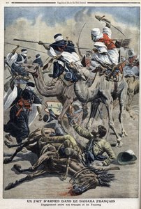 In English Sahara: fight between French troops and Tuaregs, illustration from newspaper 