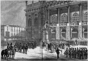 Inauguration of the Sardinian monument by Vincenzo Vela (1820-1891), at the Chateau Square in Turin (Italy) on 10 April 1859. Behind the statue is the Palazzo Madama. Based on Mr. Ferry