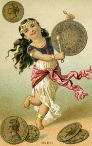 Indian dancer beating a rupee drum, from a series of promotional cards on currencies in different countries, published in Paris by Baster & Vieillemard for use by the chocolate producer, Chocolat Ibled