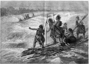 Indians of Canada, standing on tree branches attached together, descending the Long Sault Rapids on the St. Lawrence River