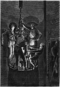 Interior appearance of a coal mine well: ascent of the dumpster. 1861. Engraving in Le Monde Illustré n°238 of November 2