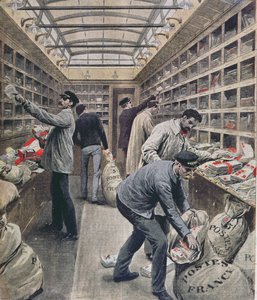 Interior of a French railway postal wagon at the time of the French Postal Strike in 1909, illustration from Le Petit Journal, 28th March 1909