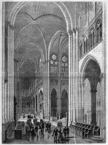 Interior of the Basilica Saint Denis (Saint Denis) restored after the plans of Eugene Viollet-le-Duc (Viollet le Duc) (1814-1879). Engraving in "The Illustrous Universe"