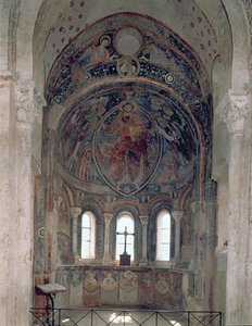 Interior view of the apse with a fresco depicting Christ giving the law to St. Peter in the presence of saints and apostles by French School