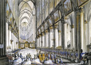 Internal view of Notre-Dame de Paris, at the arrival of Marie Antoinette, Queen of France, to attend the famous mass for the birth of her son, the future Louis XVII. Engraving 18th century by French School