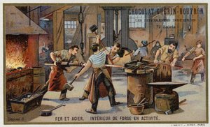 Iron and Steel. Interior of a Busy Smithy by French School