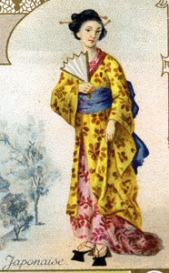 Japanese Woman. Series of 25 Advertising Chromos for the Dijon Manufacture of Biscuits Pernot, created in 1869. Detail of the Characters in Traditional Costume