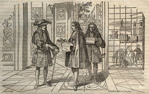 Jean Baptiste Colbert (Jean-Baptiste) (1619-1683) in a meeting with King Louis XIV and Francois Louvois (1641-1691) in Versailles - engraving after Leclerc