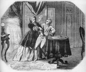 Jeanne Agnes Berthelot de Plemont, Marquise de Pré (1698-1727) obliges her lover Louis Henry, Duke of Bourbon and Prince of Conde, to name all her admirers knights of the Holy Spirit (Order of the Holy Spirit). Engraving in 