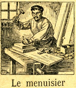 Joiner planting a tip with a hammer in an assembly of boards on his bench (engraving)