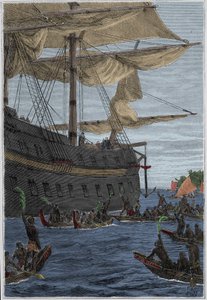Journey of Samuel Wallis (1728-1795) to Polynesia: Indigenous People Holding Banana Branches in Hand as a Welcome Greeting - Illustration Taken from 