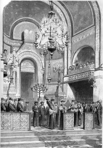 Judaism: solemn reception of the Grand Rabbi of Paris, Zadoc Kahn (1839-1905), in the synagogue of Rue Notre Dame de Nazareth, 13 January 1869. The Grand Rabbi intones the 