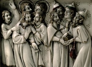 Judas receiving thirty pieces of silver, detail of ivory diptych, French by French School