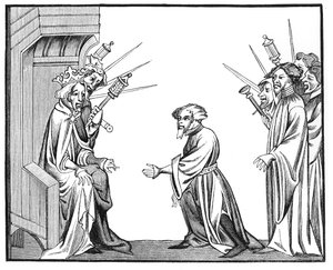King Charlemagne (742-814) Receiving the Oath of Fidelity and Homage from One of His Feudatories or High Barons, from a Miniature in Cameo of the Chronicles of St. Denis by French School