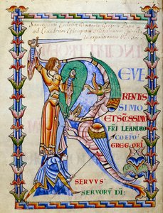 Knight fighting the dragon - lettrine R (initial), Miniature from the manuscript Moralia in Job, Morales sur Job by Saint Gregoire, from the citeau abbey by French School