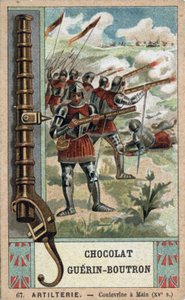 Knight manoeuvring a hand coulevrine from the 15th century (Chromolithography of the 19th century of Guérin-Boutron chocolates) by French School