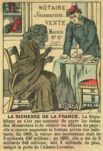 La Riche de la France, illustrating the benefits of the Third Republic on the personal enrichment of the French. Engraving, in Le Figaro, supplement, on 30/03/1889, Paris. by French School