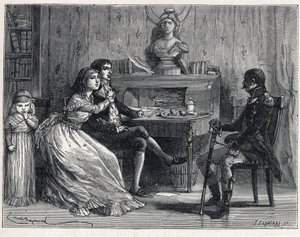 The Terror during the French Revolution: Camille Desmoulins (1760-1794), imprisoned, received the visit of his wife Lucile (1770-1794) and Marshal Guillaume Brune (1763-1815) by French School