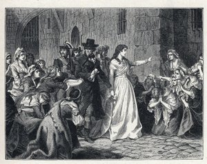 The Terror during the French Revolution: Madame Jeanne Marie Roland de la Platiere (1754-1793) leaving the Concierge prison to go before the Revolutionary Court in 1793. Her co-detainees kneel in her path by French School