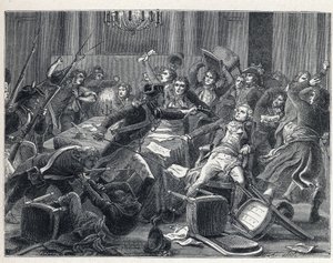 The Terror during the French Revolution: arrest of Maximilian de Robespierre (1758-1794) and his supporters reunited at the Hotel de Ville de Paris on 9 Thermidor year II (27 July 1794). In the center, a gendarme fired a pistol at Robespierre by French School