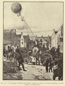 The Company of Aeronauts makes a telegraph line cross during a march, a balloon attached to its winch vehicle (engraving) by French School