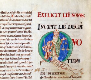 Last judgment christ welcoming job letter Q (lettrine). Miniature from the manuscript Moralia in Job, from citeaux abbey